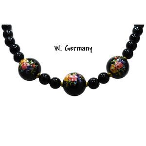 Vintage Black Lucite Beaded Necklace, Floral Accent Beads, W Germany, 1950s, 18”